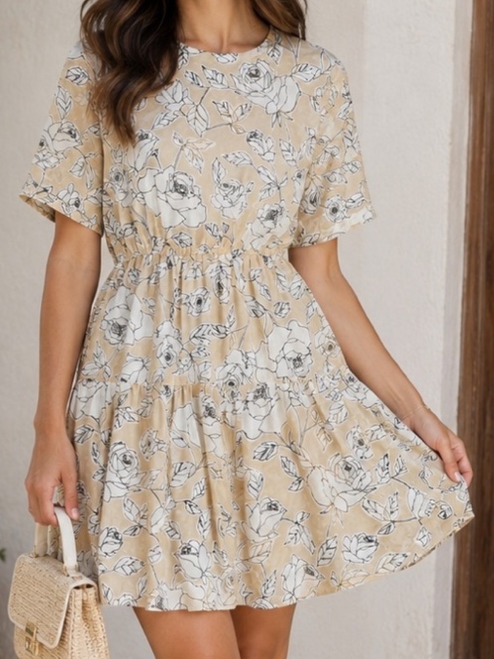 Floral Short Sleeve Mini Dress in Beige and White